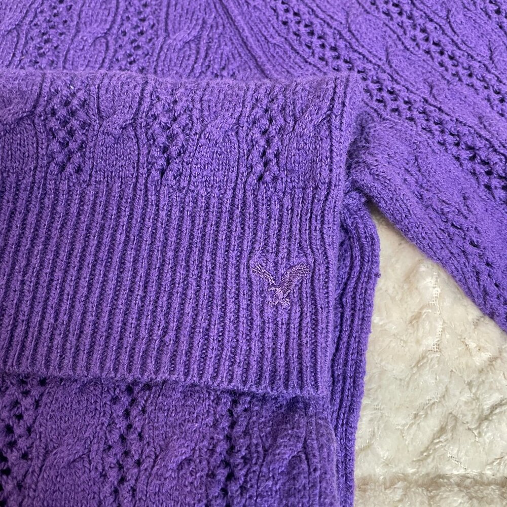 American Eagle Outfitters Y2K Style Purple Cable Knit 3/4 Sleeve Skinny Sweater - Picture 10 of 10